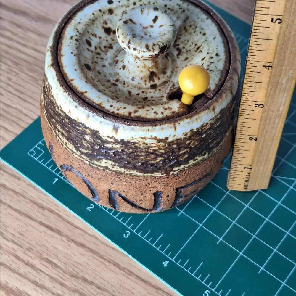 RARE VTG Michael Marsh 1980 Studio Pottery Honey Pot Jar Lid Dipper Stoneware